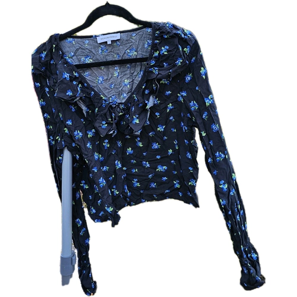 WeWoreWhat Floral Ruffle Blouse Watercolor Ditsy‎ floral black blue small